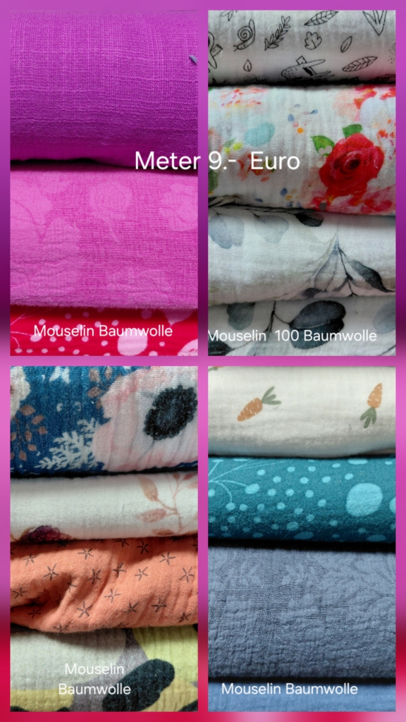 Mouselin-Sommerangebot 2026 Verschiedene Mouselin Baumwoll-Stoffe in Cilly's Stoffladen. Der Meter kostet 9 €