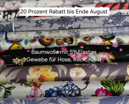 Baumwollstoffe zur Sommeraktion 2026 Baumwollstoffe mit 5% Elastan Zum Nähen von Hosen, Röcken oder Kleidern. 20 Prozent im Stoffgeschäft bei Cilly's