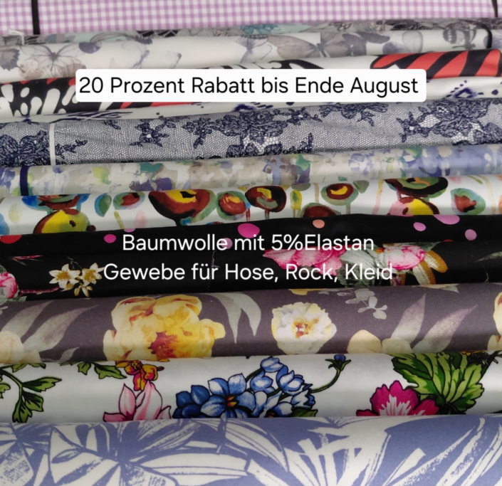 Baumwollstoffe mit 5% Elastan Zum Nähen von Hosen, Röcken oder Kleidern. 20 Prozent im Stoffgeschäft bei Cilly's