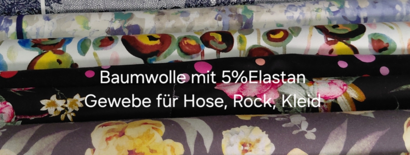 Baumwollstoffe mit 5% Elastan Zum Nähen von Hosen, Röcken oder Kleidern. 20 Prozent im Stoffgeschäft bei Cilly's