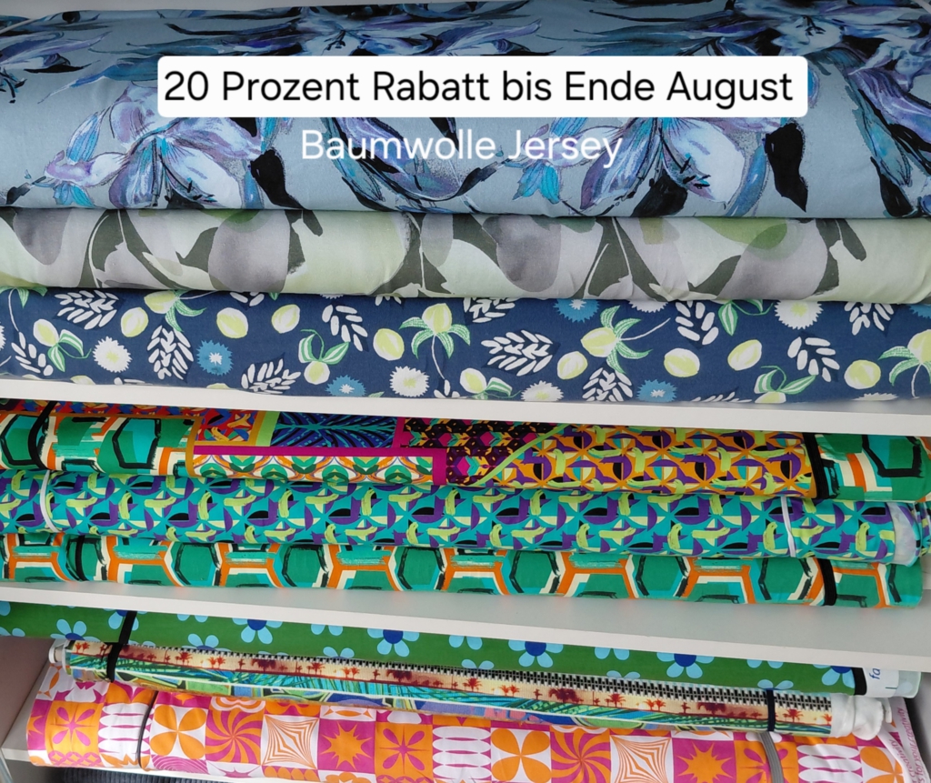 Baumwoll Jersey Stoffe zur Sommeraktion 2026 Baumwoll Jersey Stoffe 20 % reduziert bis Ende August in Blau und grün
