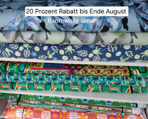 Baumwoll Jersey Stoffe zur Sommeraktion 2026 Baumwoll Jersey Stoffe 20 % reduziert bis Ende August in Blau und grün