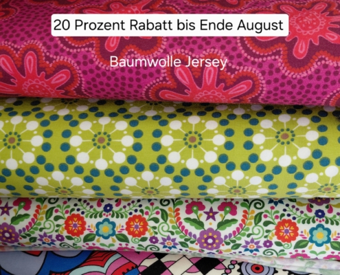 Baumwoll-Jersey-Stoffe in der Sommeraktion 2026 Verschieden gemusterte Stoffe aus Baumwolle und Jersey. 20 % Rabatt bis Ende August
